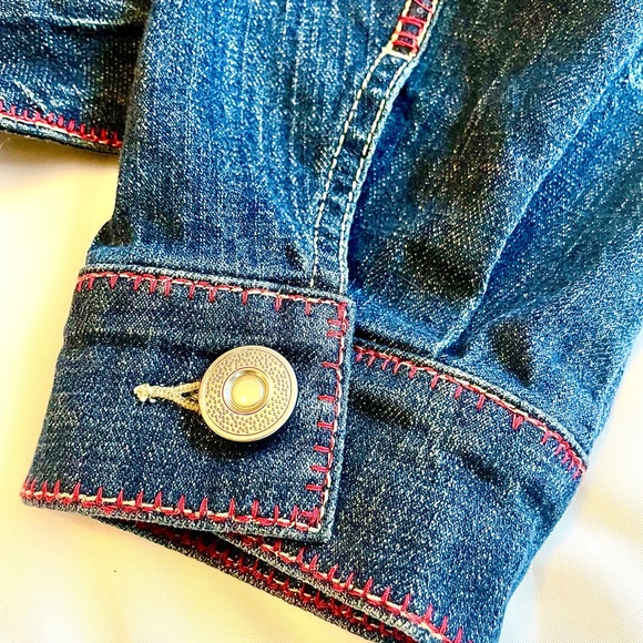 Upcycled distressed blue Jean jacket newly handmade patchwork hearts bike love - Picture 5 of 11